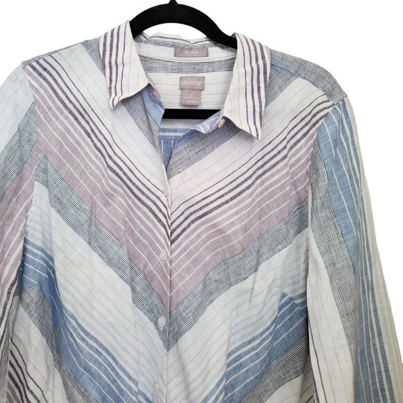 Chico’s 100% Linen Tunic Top Dress Women Size 2 L 12  No Iron‎ Stripe Cuffed - Picture 2 of 15